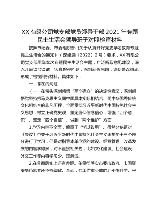 XX有限公司党支部党员领导干部2021年专题民主生活会领导班子对照检查材料