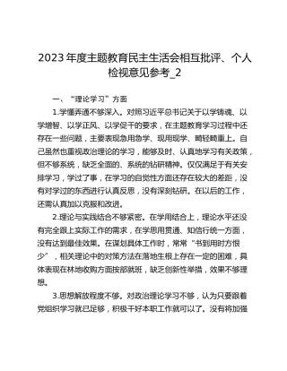 2023年度主题教育民主生活会相互批评、个人检视意见参考_2