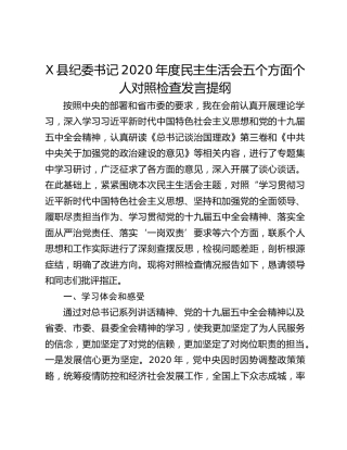X县纪委书记2020年度民主生活会五个方面个人对照检查发言提纲