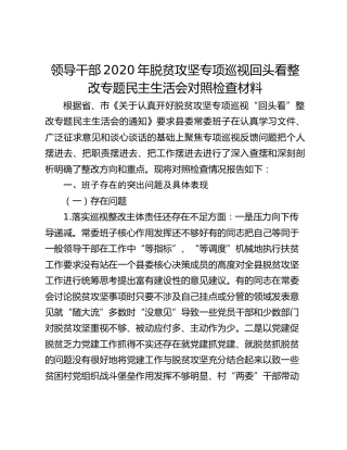 领导干部2020年脱贫攻坚专项巡视回头看整改专题民主生活会对照检查材料