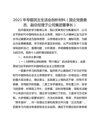 2021年专题民主生活会剖析材料（国企党委委员、副总经理子公司集团董事长）