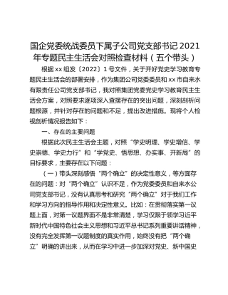 国企党委统战委员下属子公司党支部书记2021年专题民主生活会对照检查材料（五个带头）