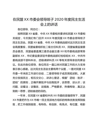 在民盟XX市委会领导班子2020年度民主生活会上的讲话