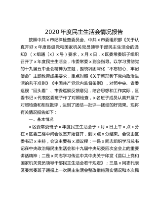 2020年度民主生活会情况报告及专题民主生活会对照检查材料