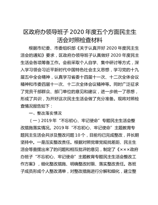 区政府办领导班子2020年度五个方面民主生活会对照检查材料