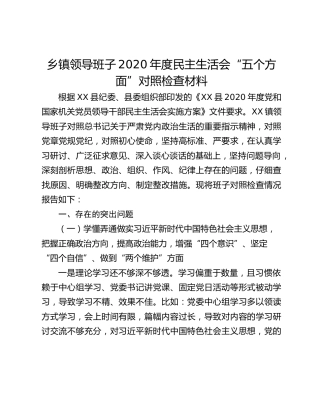 乡镇领导班子2020年度民主生活会“五个方面”对照检查材料