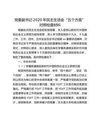 党委副书记2020年民主生活会“五个方面”对照检查材料