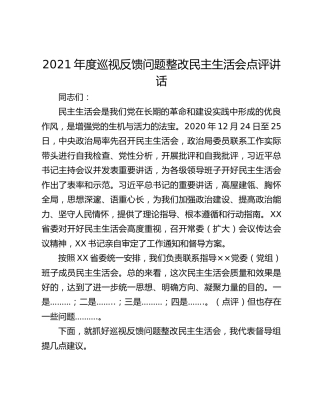 2021年度巡视反馈问题整改民主生活会点评讲话