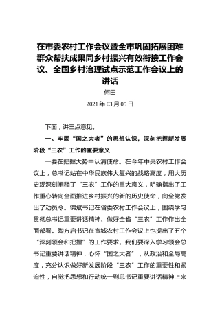 何田：在市委农村工作会议暨全市巩固拓展困难群众帮扶成果同乡村振兴有效衔接工作会议、全国乡村治理试点示范工作会议上的讲话