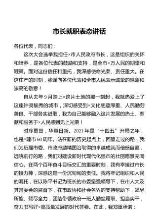 市长就职表态讲话