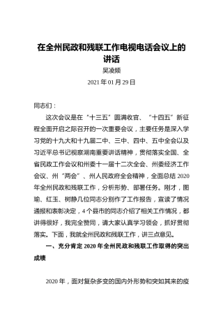 吴凌频：在全州民政和残联工作电视电话会议上的讲话