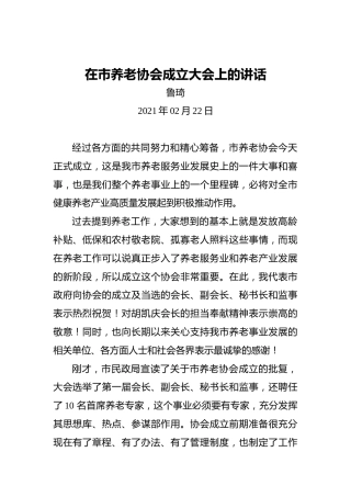 鲁琦：在市养老协会成立大会上的讲话