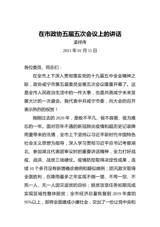 孟祥伟：在市政协五届五次会议上的讲话