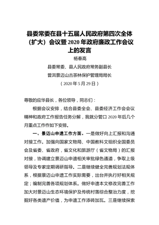 县委常委在县十五届人民政府第四次全体（扩大）会议暨2020年政府廉政工作会议上的发言