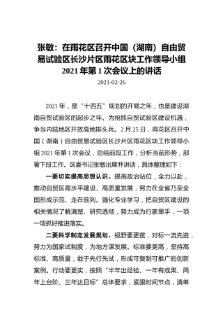 张敏：在雨花区召开中国（湖南）自由贸易试验区长沙片区雨花区块工作领导小组2021年第1次会议上的讲话（20210226）
