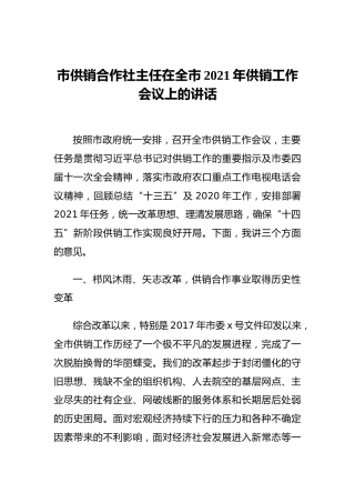 市供销合作社主任在全市2021年供销工作会议上的讲话
