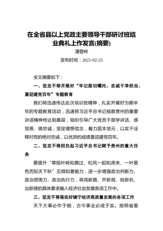 潘登岭：在全省县以上党政主要领导干部研讨班结业典礼上作发言(摘要20210215)