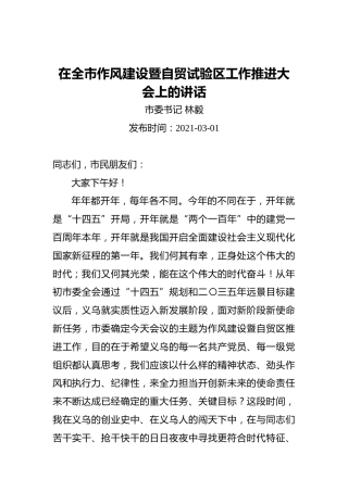 林毅：在全市作风建设暨自贸试验区工作推进大会上的讲话（20210301）