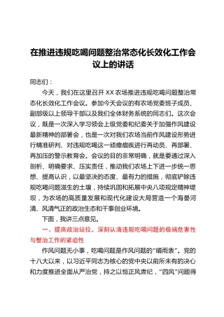 在推进违规吃喝问题整治常态化长效化工作会议上的讲话