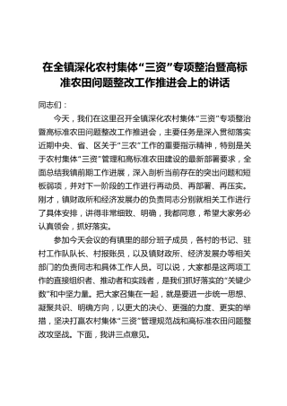 在全镇深化农村集体“三资”专项整治暨高标准农田问题整改工作推进会上的讲话