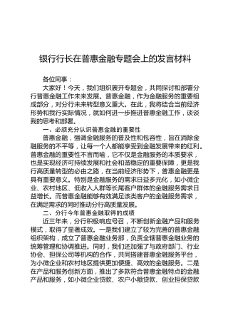 银行行长在普惠金融专题会上的发言材料