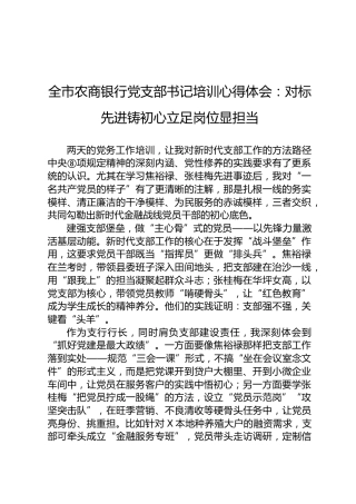 全市农商银行党支部书记培训心得体会：对标先进铸初心立足岗位显担当