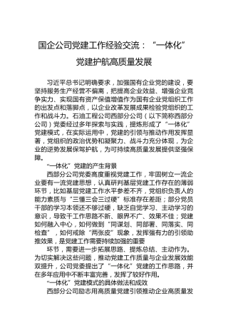 国企公司党建工作经验交流：“一体化”党建护航高质量发展