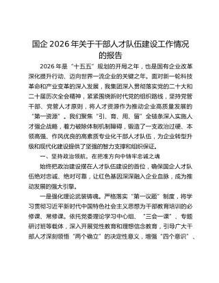 国企2026年关于干部人才队伍建设工作情况的报告