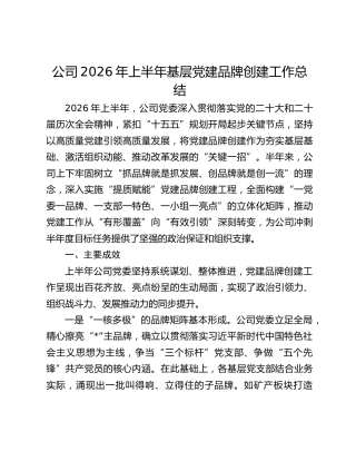 公司2026年上半年基层党建品牌创建工作总结
