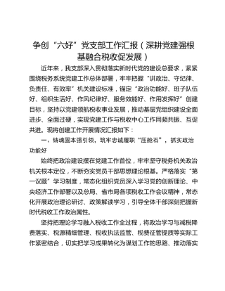 争创“六好”党支部工作汇报（深耕党建强根基 融合税收促发展）