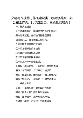 文稿写作提纲（作风建设类、政德修养类、办公室工作类、比学赶超类、高质量发展类）
