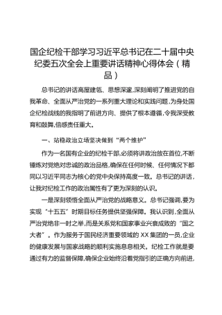 国企纪检干部学习总书记在二十届中央纪委五次全会上重要讲话精神心得体会