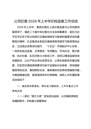 公司纪委2026年上半年纪检监察工作总结