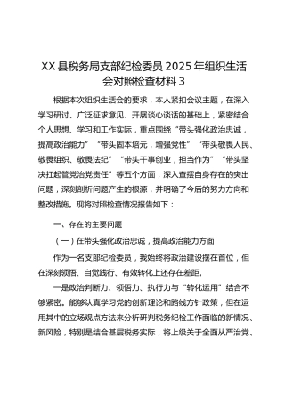 XX县税务局支部纪检委员2025年组织生活会对照检查材料3