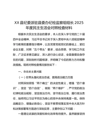 XX县纪委派驻县委办纪检监察组组长2025年度民主生活会对照检查材料