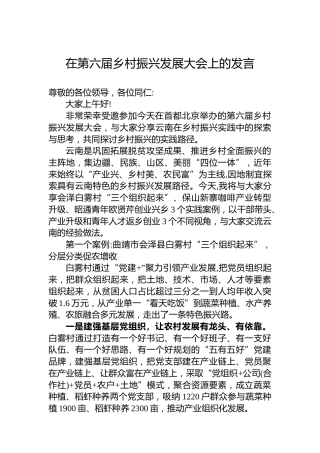 在第六届乡村振兴发展大会上的发言