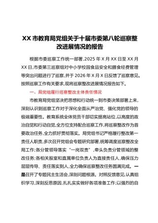 XX市教育局党组关于十届市委第八轮巡察整改进展情况的报告