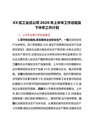 XX区工业总公司2026年上半年工作总结及下半年工作计划