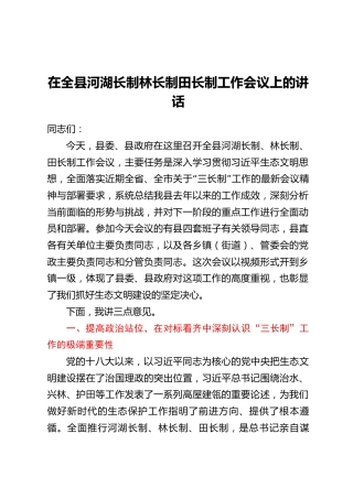 在全县河湖长制林长制田长制工作会议上的讲话