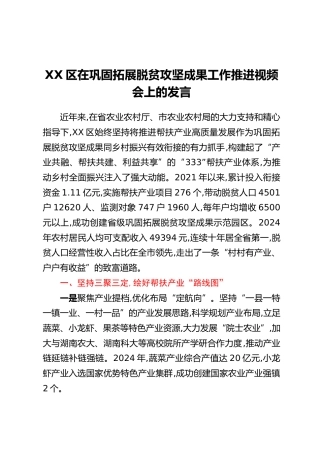 XX区在巩固拓展脱贫攻坚成果工作推进视频会上的发言