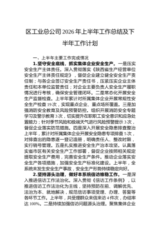 区工业总公司2026年上半年工作总结及下半年工作计划