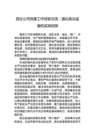 国企公司党建工作经验交流：强化政治监督的实践初探