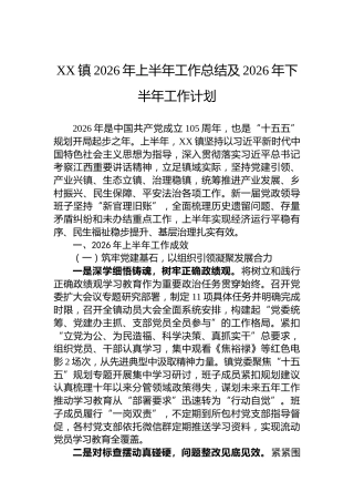 XX镇2026年上半年工作总结及2026年下半年工作计划