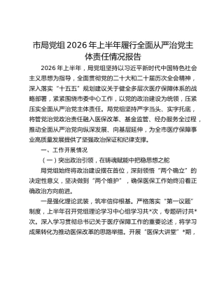 市局党组2026年上半年履行全面从严治党主体责任情况报告