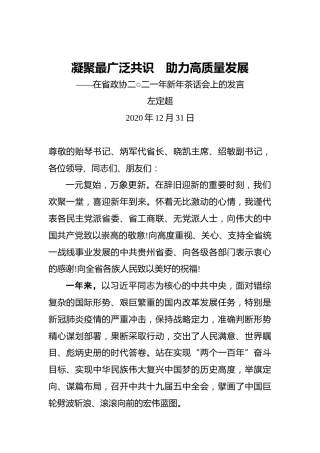 左定超：凝聚最广泛共识 助力高质量发展——在省政协二○二一年新年茶话会上的发言