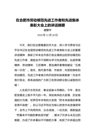 虞爱华：在合肥市劳动模范先进工作者和先进集体表彰大会上的讲话摘要