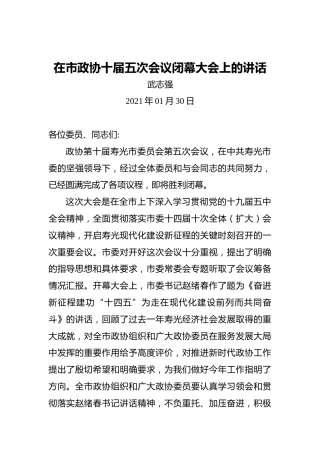 武志强：在市政协十届五次会议闭幕大会上的讲话
