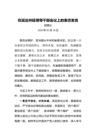 田锦尘：在延边州延领导干部会议上的表态发言