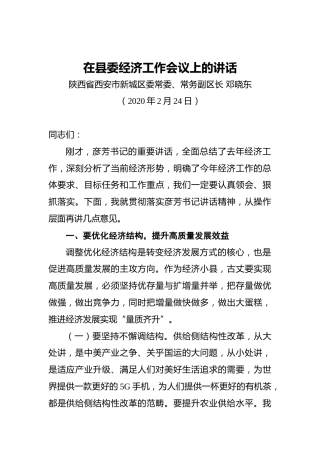 区委常委、常务副区长在县委经济工作会议上的讲话