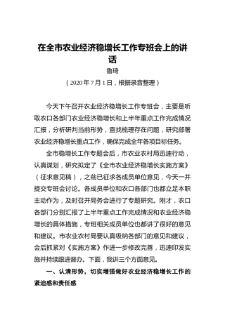 副市长在全市农业经济稳增长工作专班会上的讲话